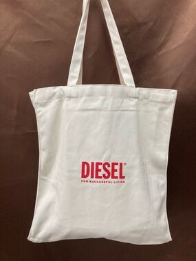 Diesel White Canvas Tote with Red Logo Print
